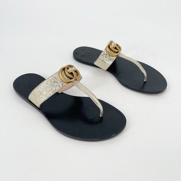 Gucci Gold Metallic Marmont GG Double G Thong Flip Flop Flat Sandal size EU 36.5 - Picture 1 of 12